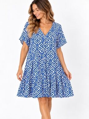 H&M Blue White Tropical Leaf Print Button Front Boho Midi Dress XL